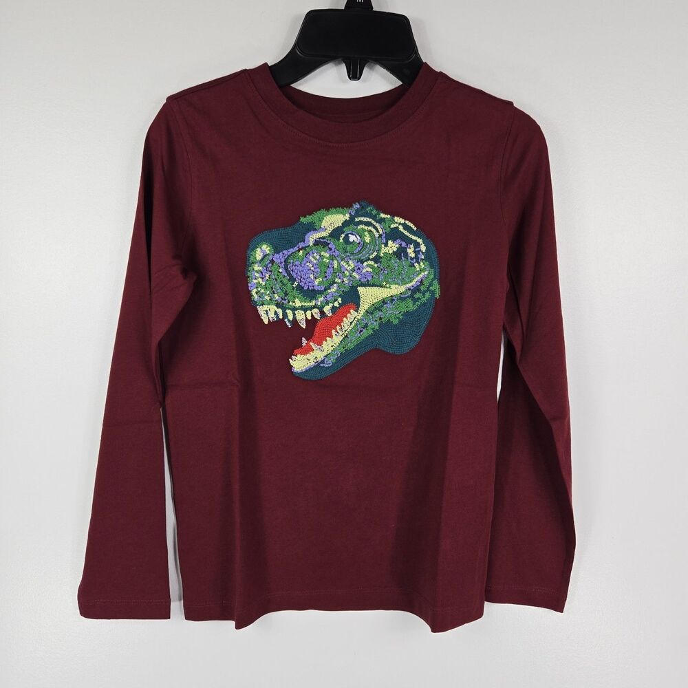 Land's End Boys Size Medium (8) Maroon Dinosaur T Rex Shirt NWOT